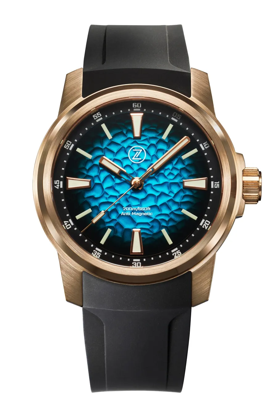 Zelos Aurora Field 42mm in bronze, hammered teal fumé dial, on black rubber strap