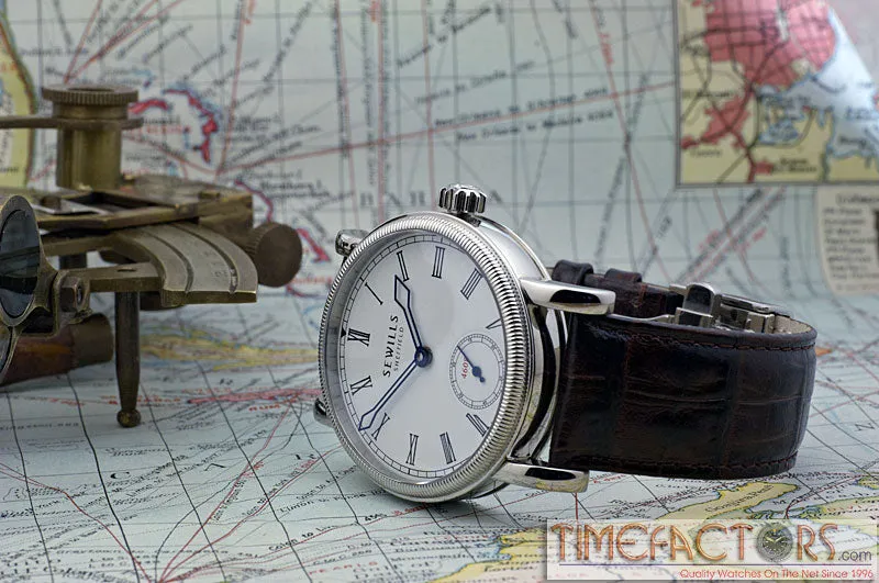 Timefactors Sewills Ferreira PRS-39, white dial with blue Roman numerals, blued hands and small seconds at 6, on brown leather strap