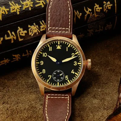 San Martin SN037 44mm bronze pilot with black Type A dial and small seconds on brown leather
