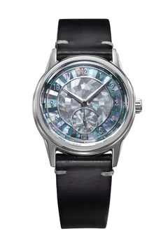 Zelos Nova 37mm Mosaic MOP, blue and white mother-of-pearl mosaic dial, on black leather strap