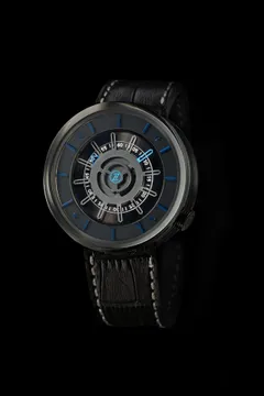 Zelos Cosmos PVD Blue, dark PVD case, dark grey layered dial with blue markers, on black leather strap