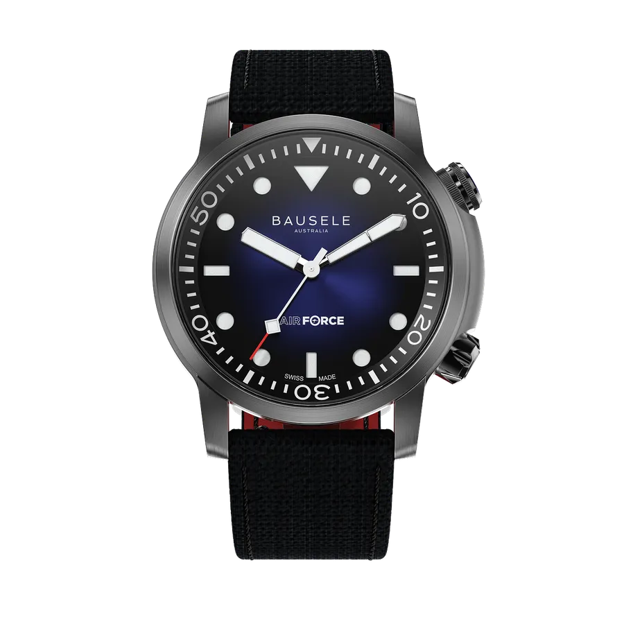 Bausele Air Force 5th Generation, blue sunray dial, front view on a black fabric strap