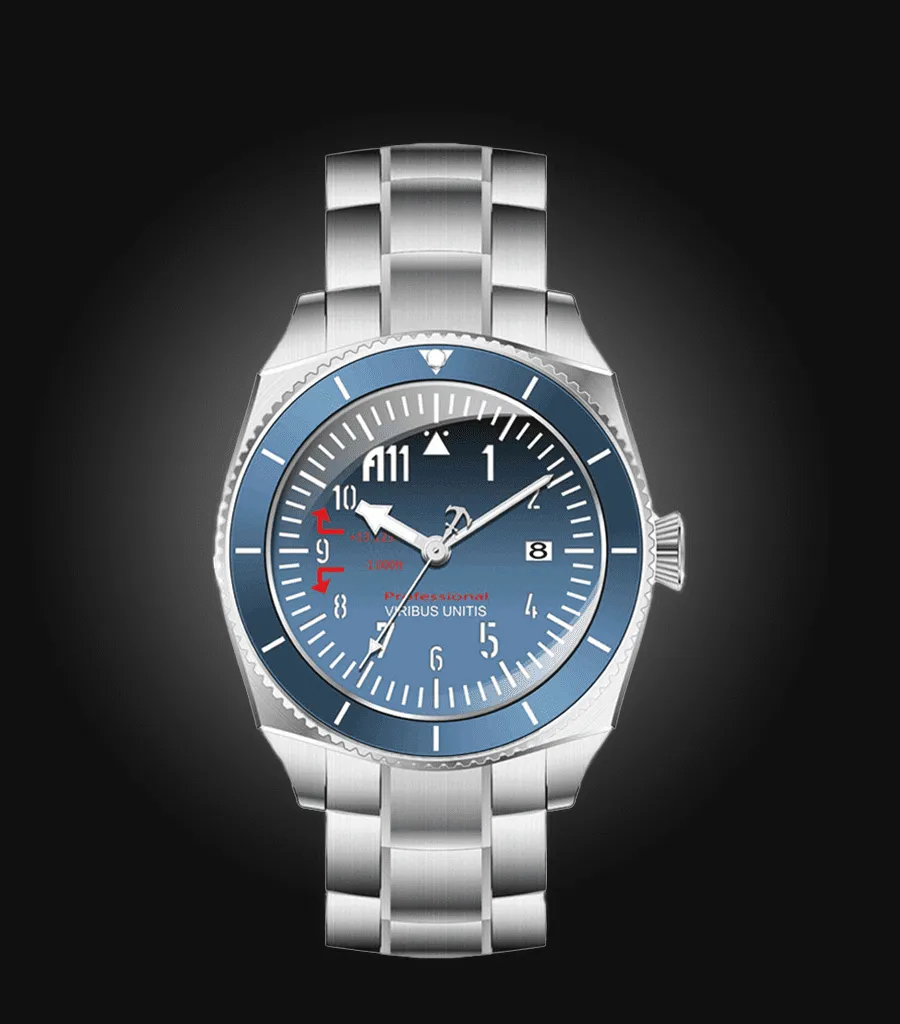 Viribus Unitis A11 first generation, steel case, blue dial and bezel, on steel bracelet
