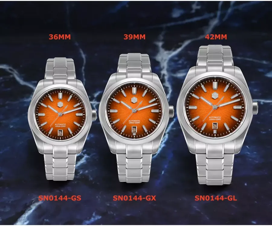 San Martin SN0144-GS, GX and GL (36, 39 and 42mm) side by side with gradient orange dials