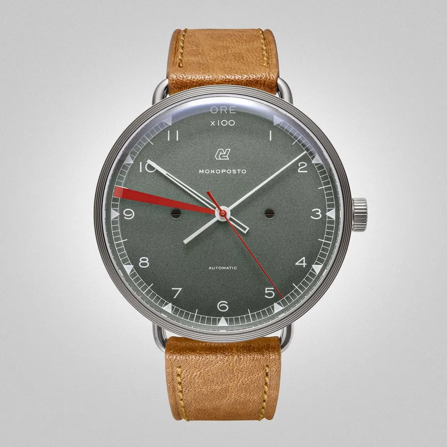 Autodromo Monoposto Series Two, moss green dial with red hour hand, on tan leather strap