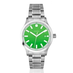 Fears Redcliff 39.5 Date WhatsApp Edition with green gradient dial on the steel bracelet