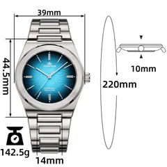 AddiesKIN K001 dimension graphic (39mm, 44.5mm lug-to-lug, 10mm, 14mm, 220mm, 142.5g)