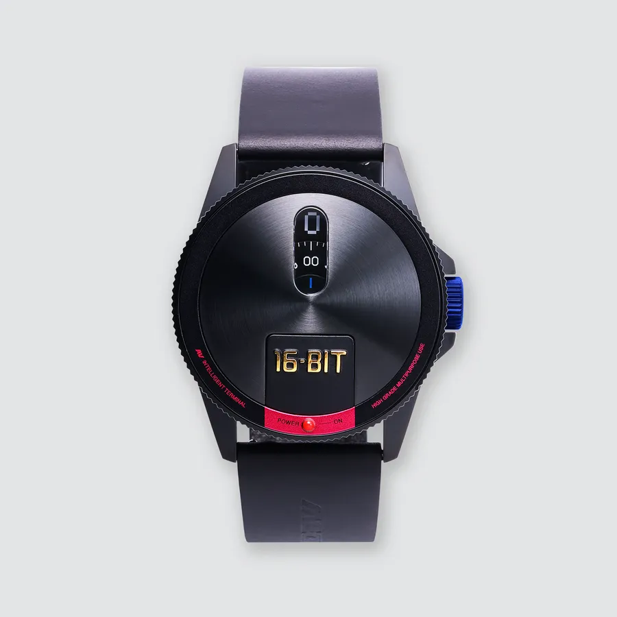Anicorn x SEGA Mega Drive JP edition, a black case and top cover after the Japanese console, on a black leather strap