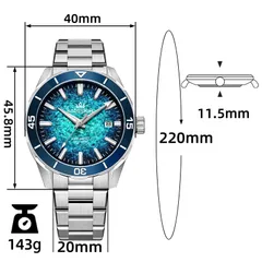 AddiesKIN K005 dimension graphic (40mm, 45.8mm lug-to-lug, 11.5mm, 20mm, 220mm, 143g)