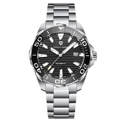 Pagani Design PD-1668A with black striped dial and black bezel on steel bracelet