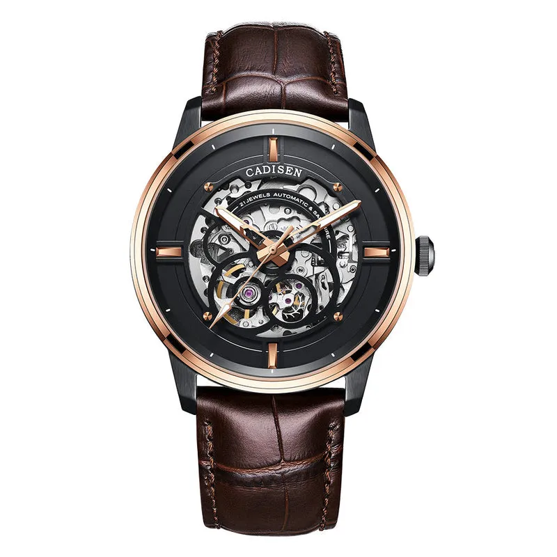 Cadisen C8161 skeleton automatic with black skeleton dial, black case and rose gold-tone bezel on a brown leather strap