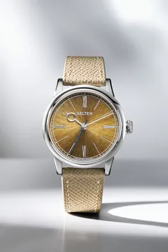 Selten Grand Feu Enamel Flare Golden Fall, gold enamel dial, on beige leather strap