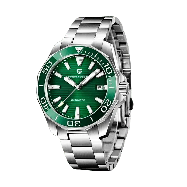 Pagani Design PD-1668 with green striped dial and green 12-sided bezel on steel bracelet