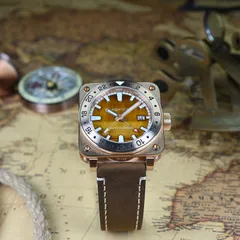 Aquatico Super Charger Bronze GMT with tiger eye stone dial, on brown leather strap