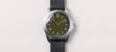 anOrdain Model 2 mkI Moss Green, olive-green vitreous enamel dial, on black shell cordovan strap