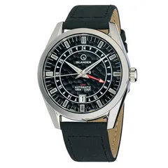 Islander Melville GMT with black hammered dial and red GMT hand on black leather strap
