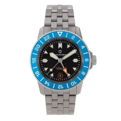 Draken Tugela GMT Blue with a blue bezel and black dial on the engineer bracelet