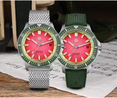 San Martin SN0118-G1 with gradient red dial and green bezel, on mesh bracelet and green rubber strap