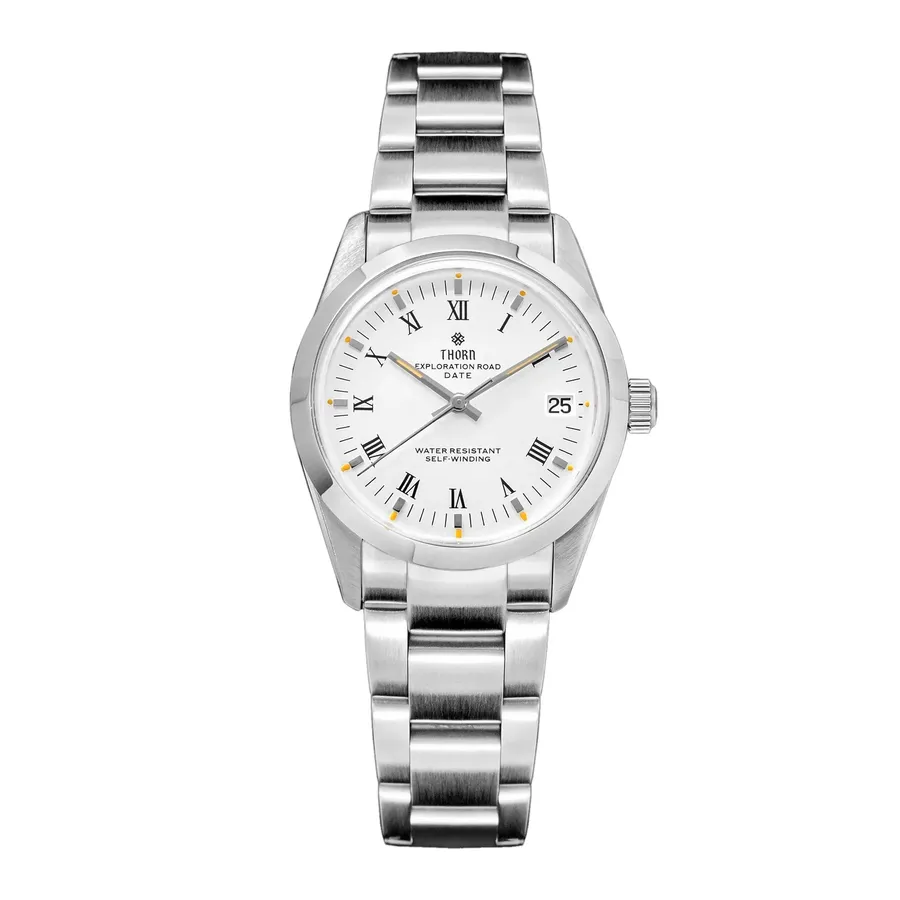 Thorn T004 34mm with white Roman-numeral dial, date at 3 and smooth bezel on the steel bracelet