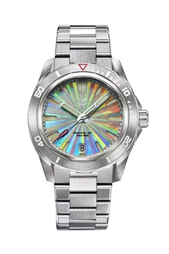Zelos Swordfish 40mm SS Holo, laser-engraved holographic steel dial, grey ceramic bezel, on bracelet