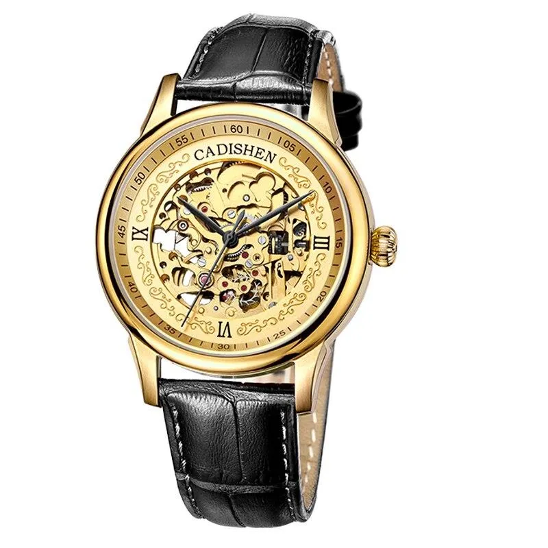 Cadisen C8066 skeleton automatic with gold openworked dial in a gold-tone case on a black leather strap