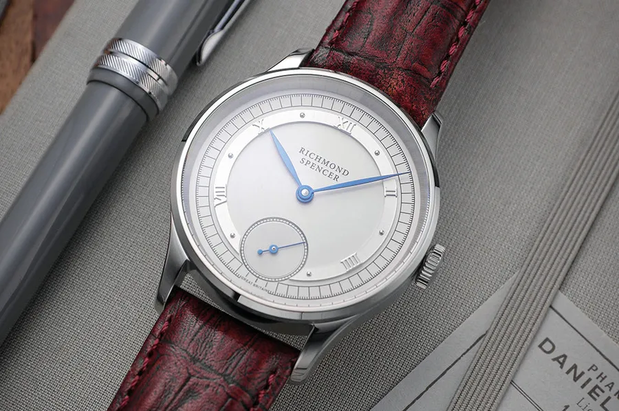 Timefactors Richmond Spencer PRS-8, white dial with sunken silver small seconds at 6 and blued leaf hands, on burgundy leather strap