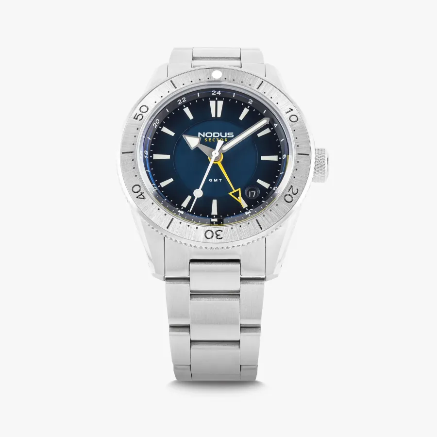 Nodus Sector II Dive GMT Tidal, blue dial, brushed steel bezel, on three-link bracelet