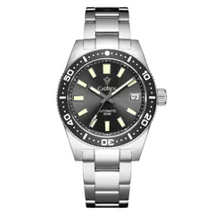 Cadisen C8207 with dark grey sunburst dial and black bezel on a steel bracelet