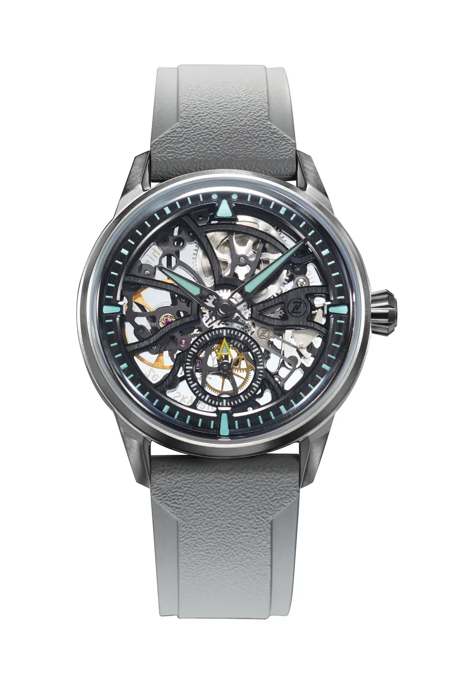 Zelos Skyraider 40 Skeleton in tantalum, skeletonised Marvin 700, on grey rubber strap