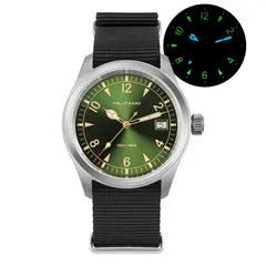 Militado ML08 (Ronda 515) with green sunburst dial and date at 3 on black nylon strap