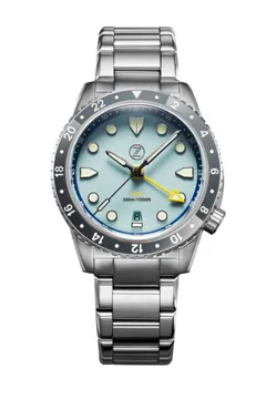 Zelos Mako 300m GMT, glossy sky blue dial, gunmetal grey ceramic bezel
