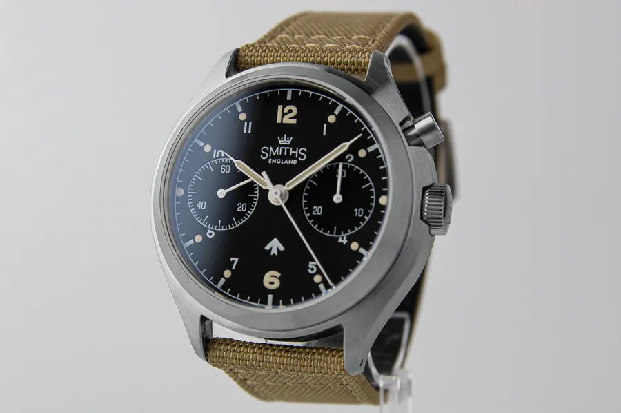 Timefactors Smiths Monopusher PRS-57, matte black dial with white markings, running seconds at 9 and 30-minute counter at 3, on khaki sailcloth strap