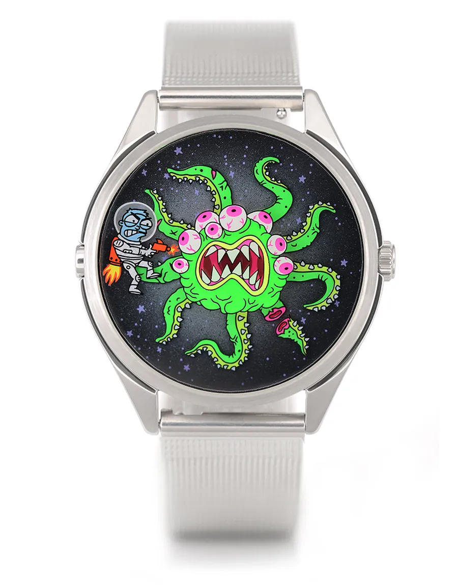 Mr Jones Monster Melter 3000, neon-green tentacled alien fighting a spaceman on a dark starry dial, steel case on steel mesh, front view