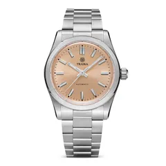 Traska Commuter 34, copper sunburst dial, on bracelet, front view