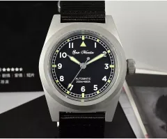 San Martin SN029-G-V2 with black Arabic-numeral dial and sword hands on nylon strap