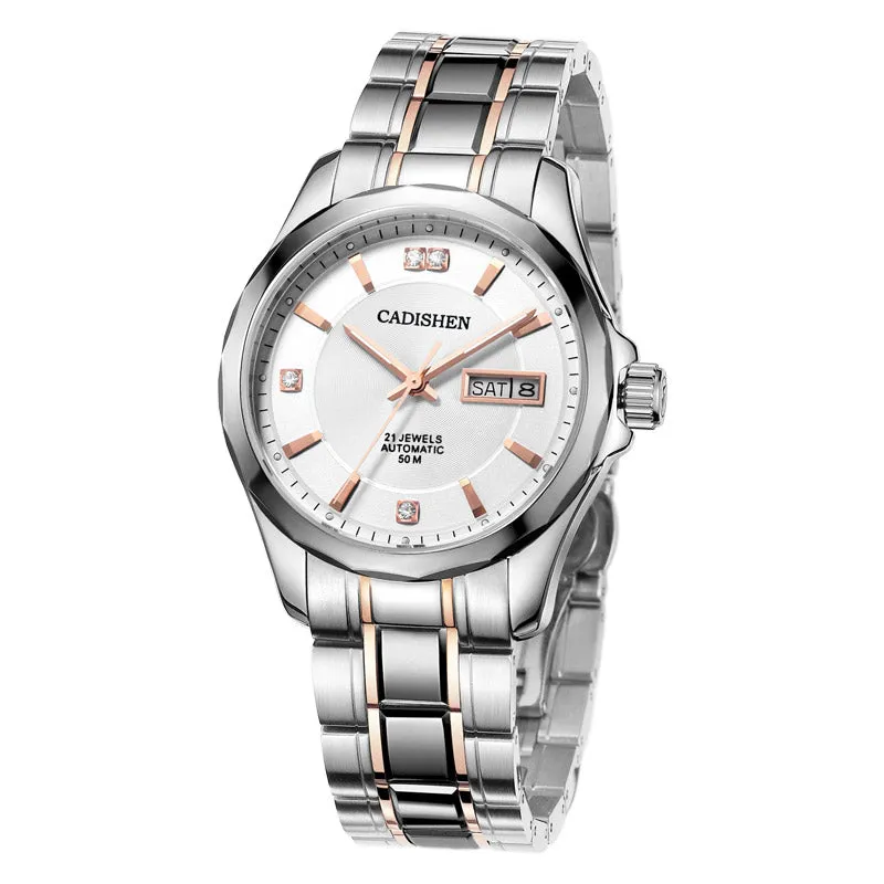 Cadisen C8051M day-date automatic with white dial and rose gold-tone accents on a two-tone bracelet
