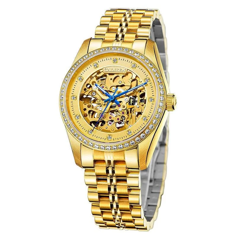 Cadisen C8105 skeleton automatic with gold openworked dial and stone-set bezel on a gold-tone bracelet