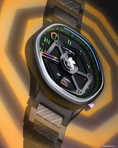 Anicorn x Evangelion Test Type-01 with a black framework dial, green numerals and purple inner bezel, on a black bracelet