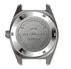 Drawing of the Pook VCW caseback engraved VCW para 120M water, skin diver, automatic