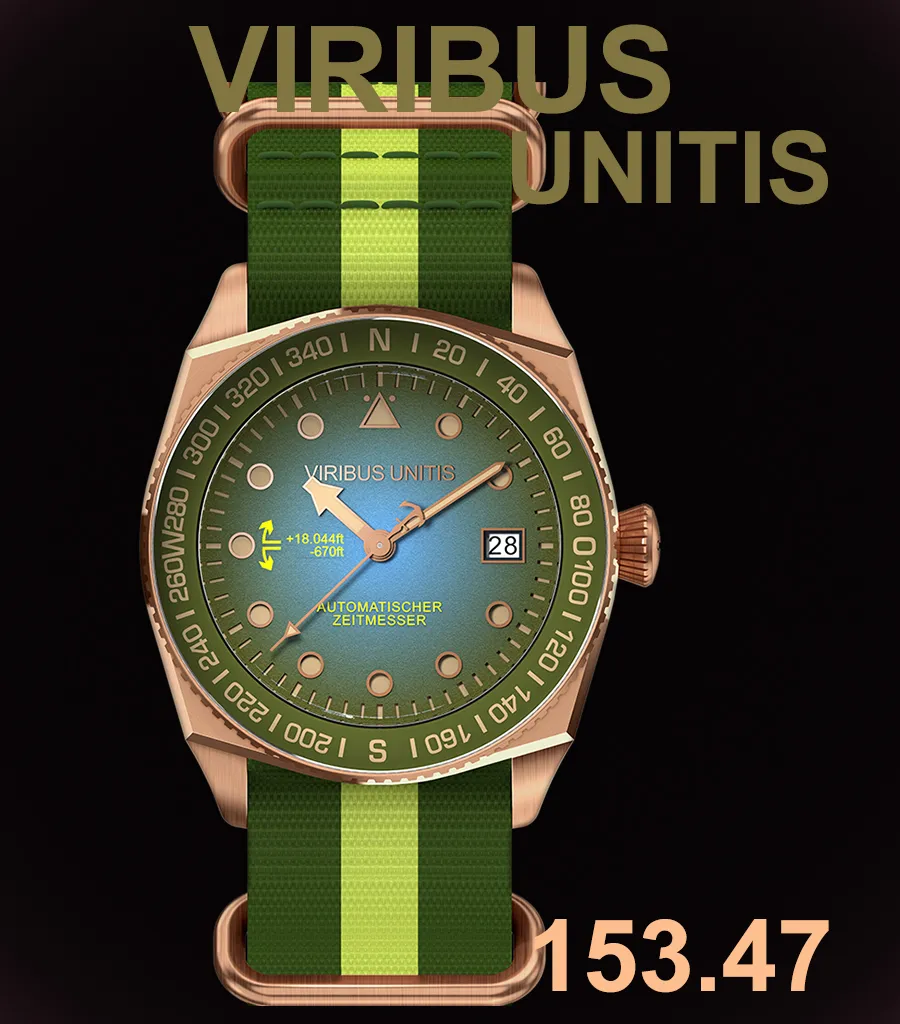 Viribus Unitis 153.47, bronze case, blue-green gradient dial, compass bezel, on green NATO strap