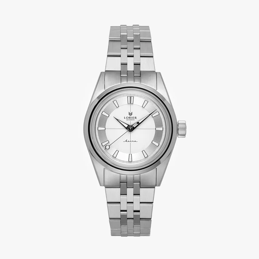 Lorier Astra, white dial with grooved silver ring, on five-link bracelet