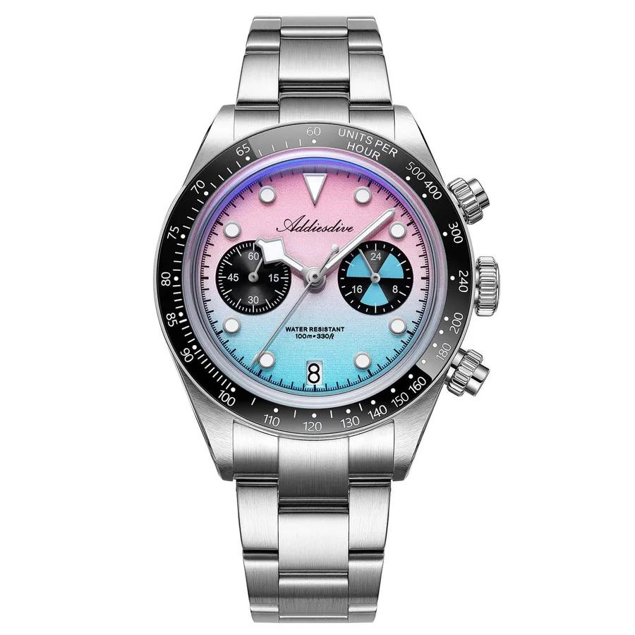 Addiesdive AD2559 chronograph with pink-to-turquoise gradient dial and black ceramic tachymeter bezel on a three-link steel bracelet