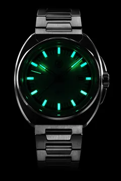 Zelos GT 42mm Azzurro lume shot, light blue lumed hands and indices