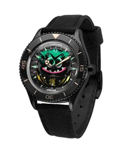 Undone Basecamp Daruma Shugo Daruma Mon with black-coated case and green monster dial on a black strap