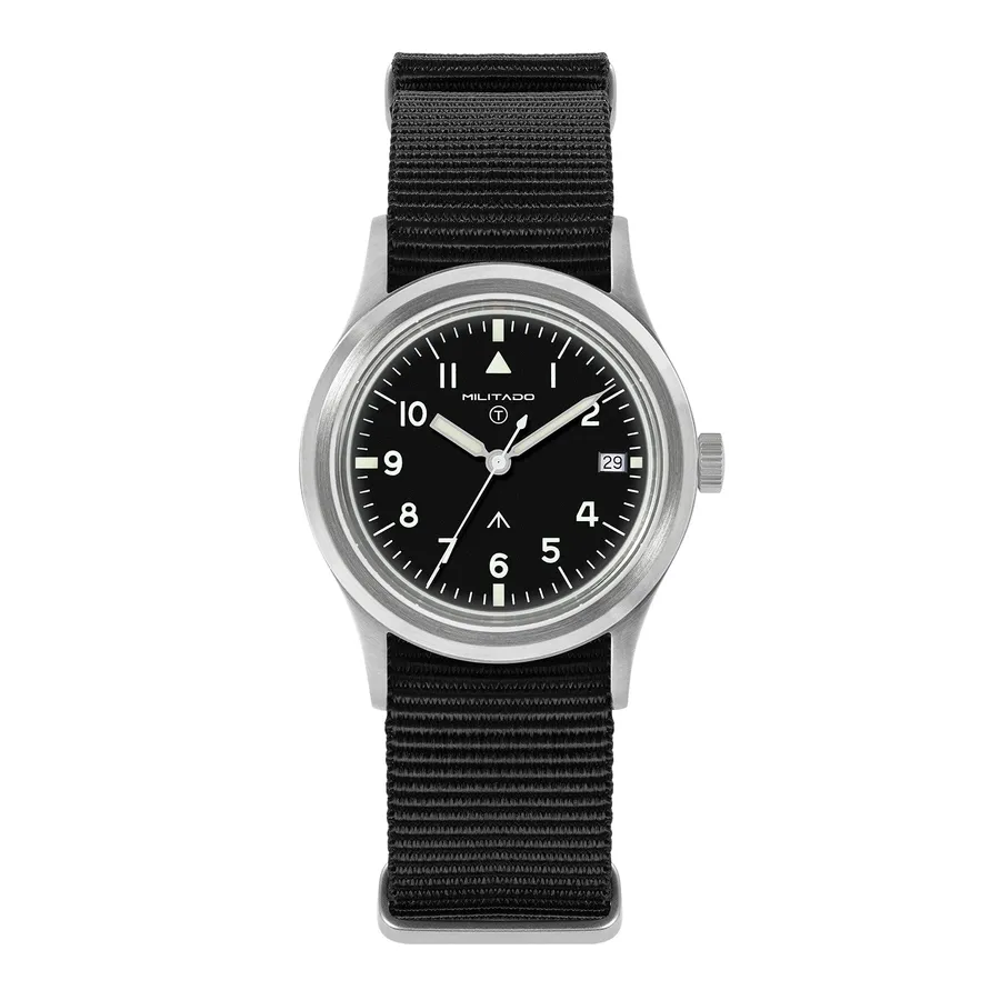 Militado ML14 V2 (Ronda 515) with black dial and date window at 3 on black nylon strap