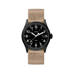 Vaer S3 Tactical Field 36mm, black PVD case, on khaki nylon strap