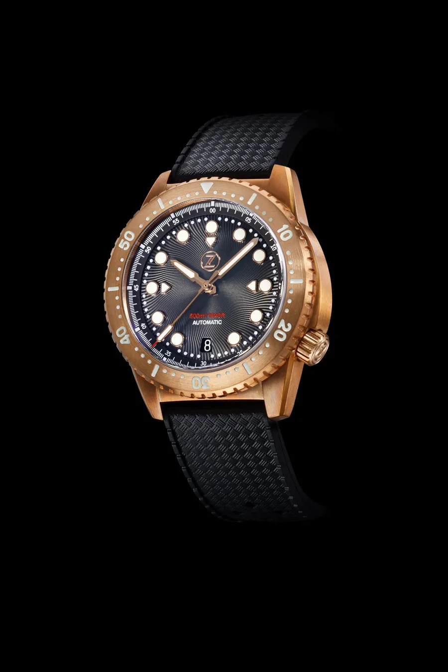 Zelos Mako V2 500m Diver in bronze, anthracite dial, bronze bezel, on tropic rubber strap