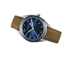 ELKA X12-0804, Ace x ELKA Diversity Series, gradient blue dial with white lumed Eastern Arabic numerals, on cognac suede