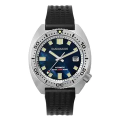 San Martin SN0068G with blue mother-of-pearl dial and logo on rubber strap