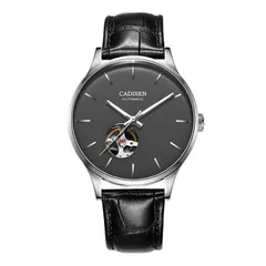 Cadisen C8164 open-heart automatic with black dial, shown on a black leather strap